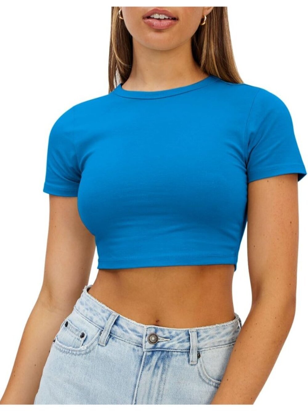 Women's Royal Blue Crew Neck Basic Tees Slim Fit Trendy Short Sleeve Crop Tops